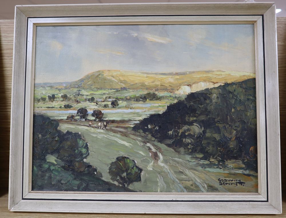 Godwin Bennett (1888-), oil on canvas, View from Coombe above Offham, Lewes, signed, 30 x 40cm